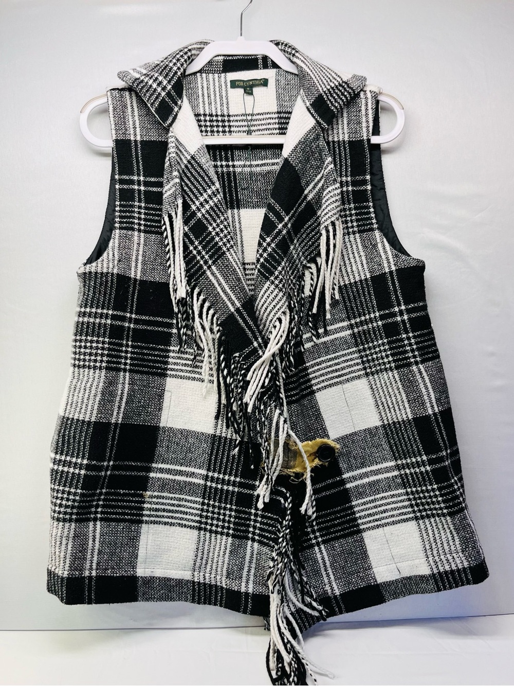 For Cynthia‎ Black & White Plaid Fringe Vest
